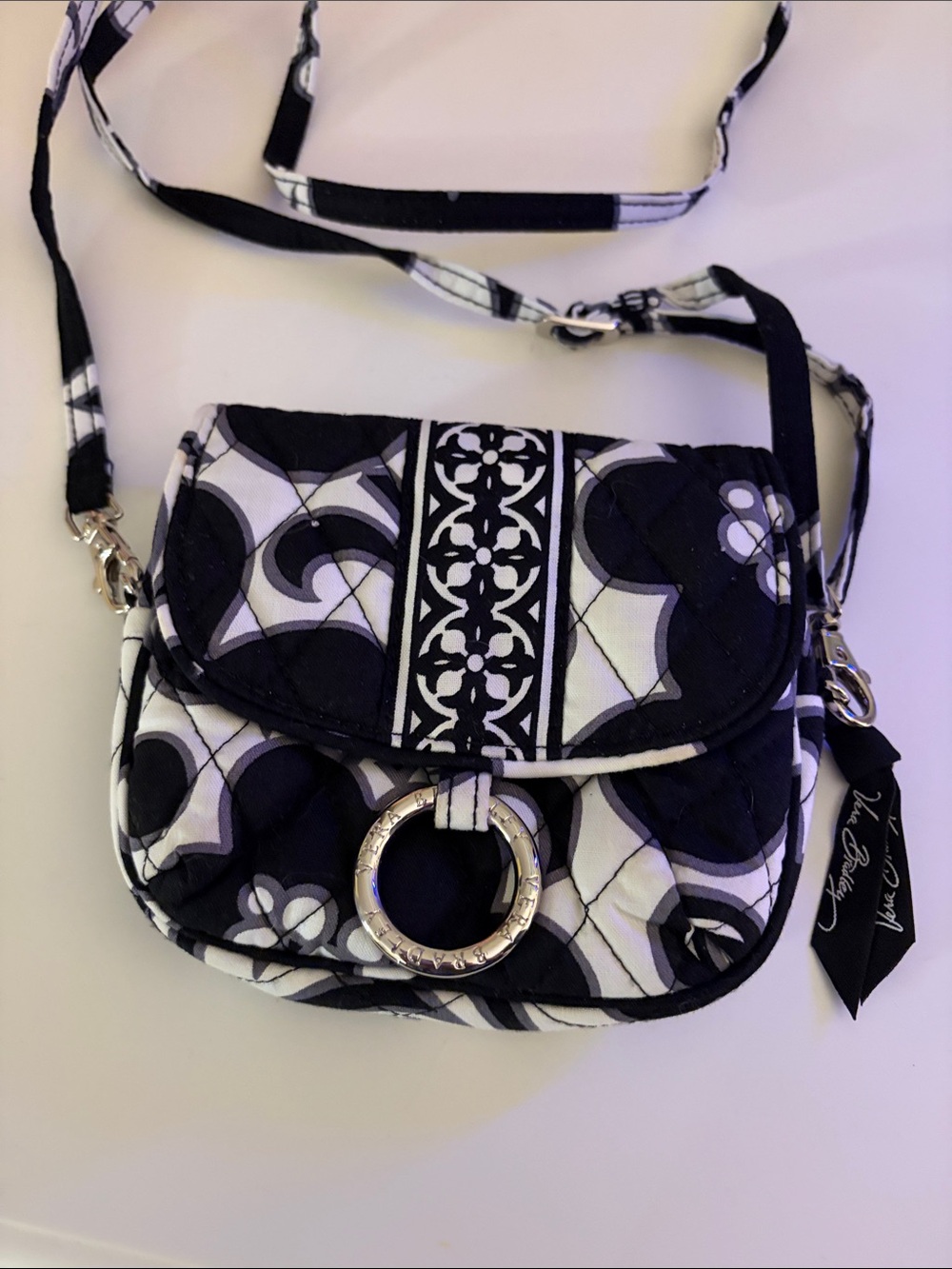 Vera Bradley Black & White Quilted Crossbody with Silver Ring